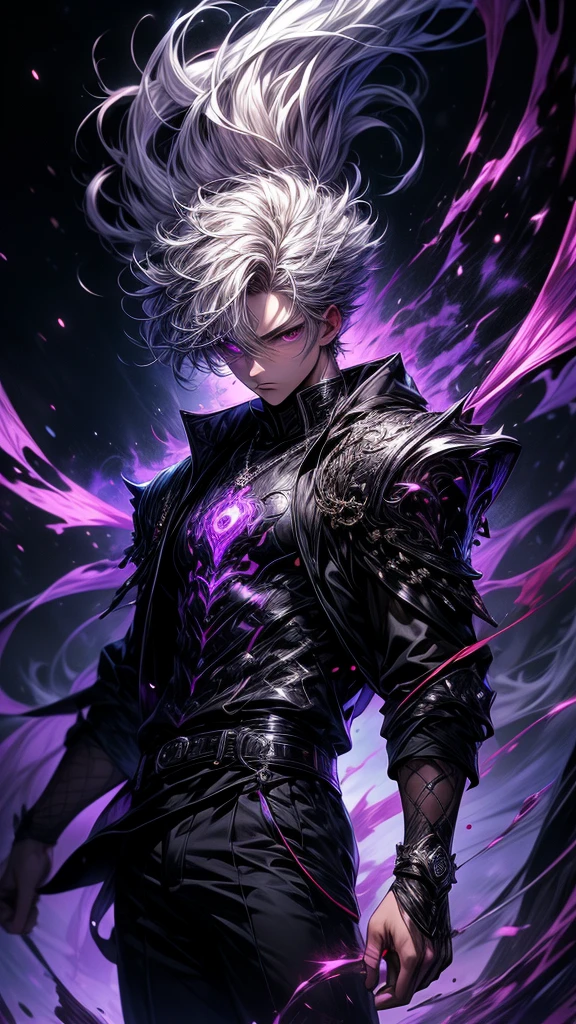 Masterpiece, best quality, high resolution, highly detailed, 1  boy ( teenaoung handsome face,  white hair ( light in the hair), purple eyes ( glowing eyes ), cold expression ( cold look ), wearing a black hoodie, and black pants, black watch, surrounded by the splendors of the universe, pay attention to stunning details, and achieve a resolution of k, floating in a dynamic pose, high quality, with a majestic aura of authority. Looking front, really short hair, black and purple armour, purple glowing ruby on chest, white hair, glowing white hair.