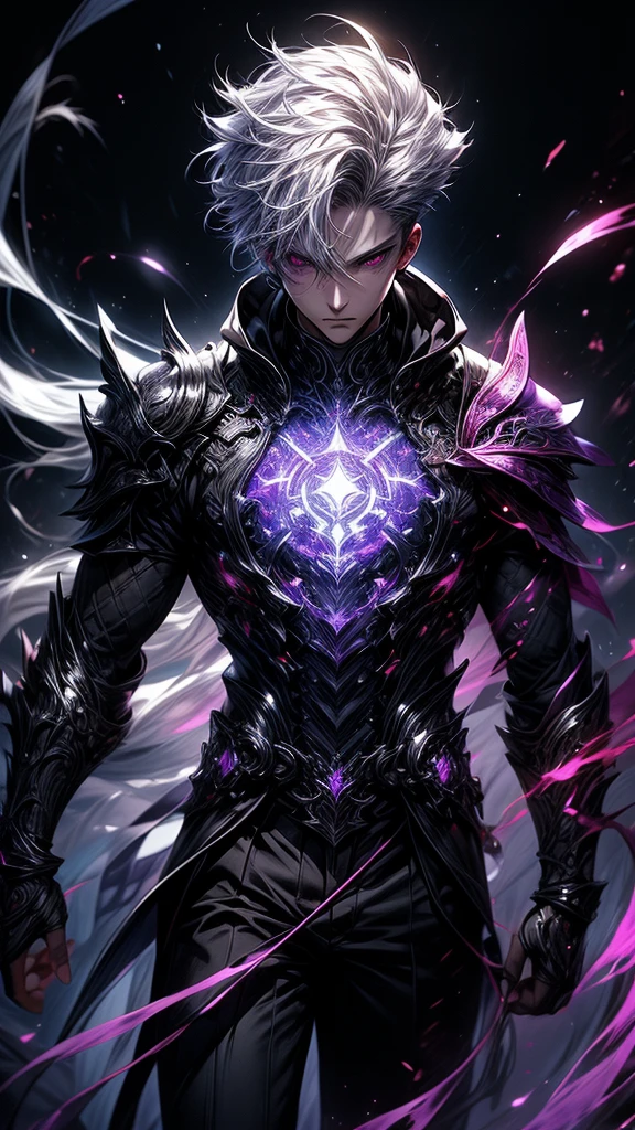 Masterpiece, best quality, high resolution, highly detailed, 1 young boy ( teenager ), young handsome face,  white hair ( light in the hair), purple eyes ( glowing eyes ), cold expression ( cold look ), wearing a black hoodie, and black pants, black watch, surrounded by the splendors of the universe, pay attention to stunning details, and achieve a resolution of k, floating in a dynamic pose, high quality, with a majestic aura of authority. Looking front, really short hair, black and purple armour, purple glowing ruby on chest, white hair, glowing white hair.
