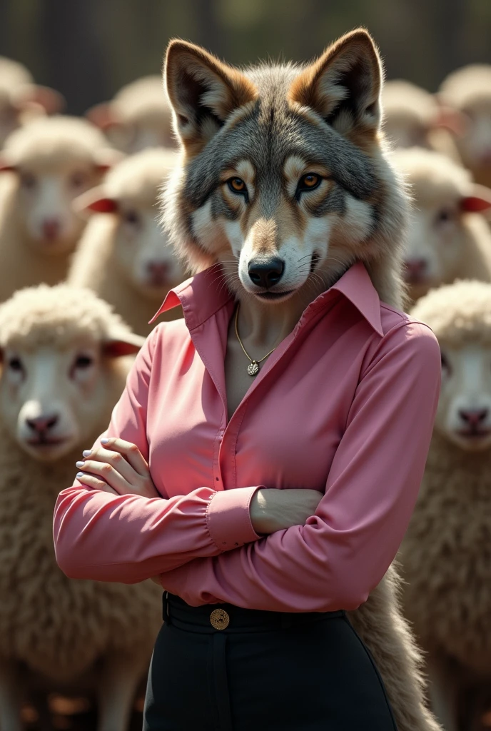 A sexy animal wolf of medium build dressed in pink soberly with a blouse up to the neck,with a sensual look, Speaking in front of an audience of sheep as an election candidate