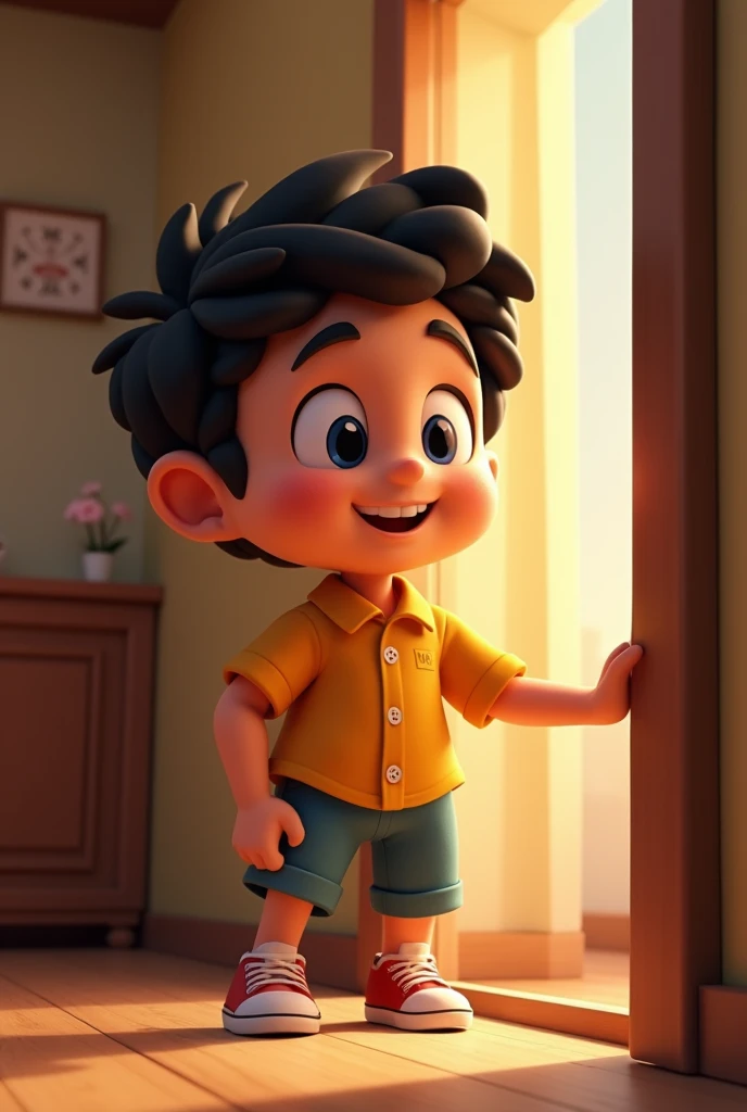 um homem sozinho do lado de fora de casa, loiro, cabelo curto, olhos castanhos ,disney style, chibi, full body, cute, smiling, unreal engine, detailed, ultra high definition, 8k