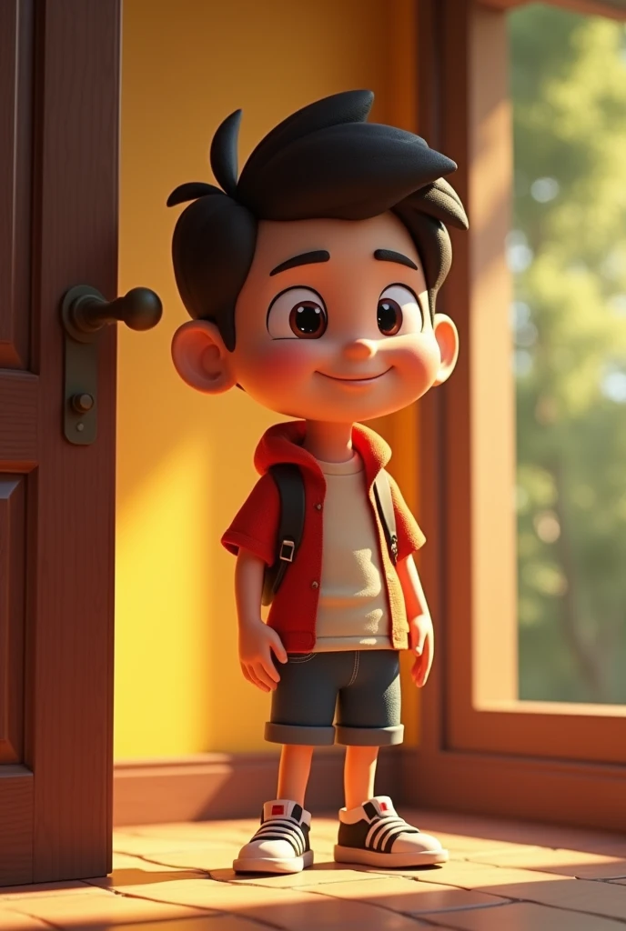 um homem sozinho do lado de fora de casa, loiro, cabelo curto, olhos castanhos ,disney style, chibi, full body, cute, smiling, unreal engine, detailed, ultra high definition, 8k
