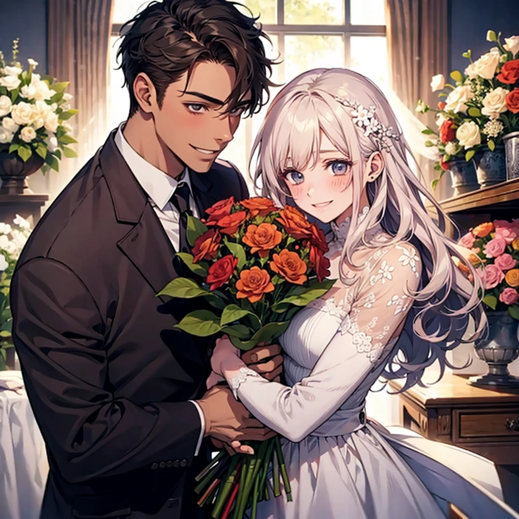 young guy, smiling, giving a bouquet of flowers, blushing