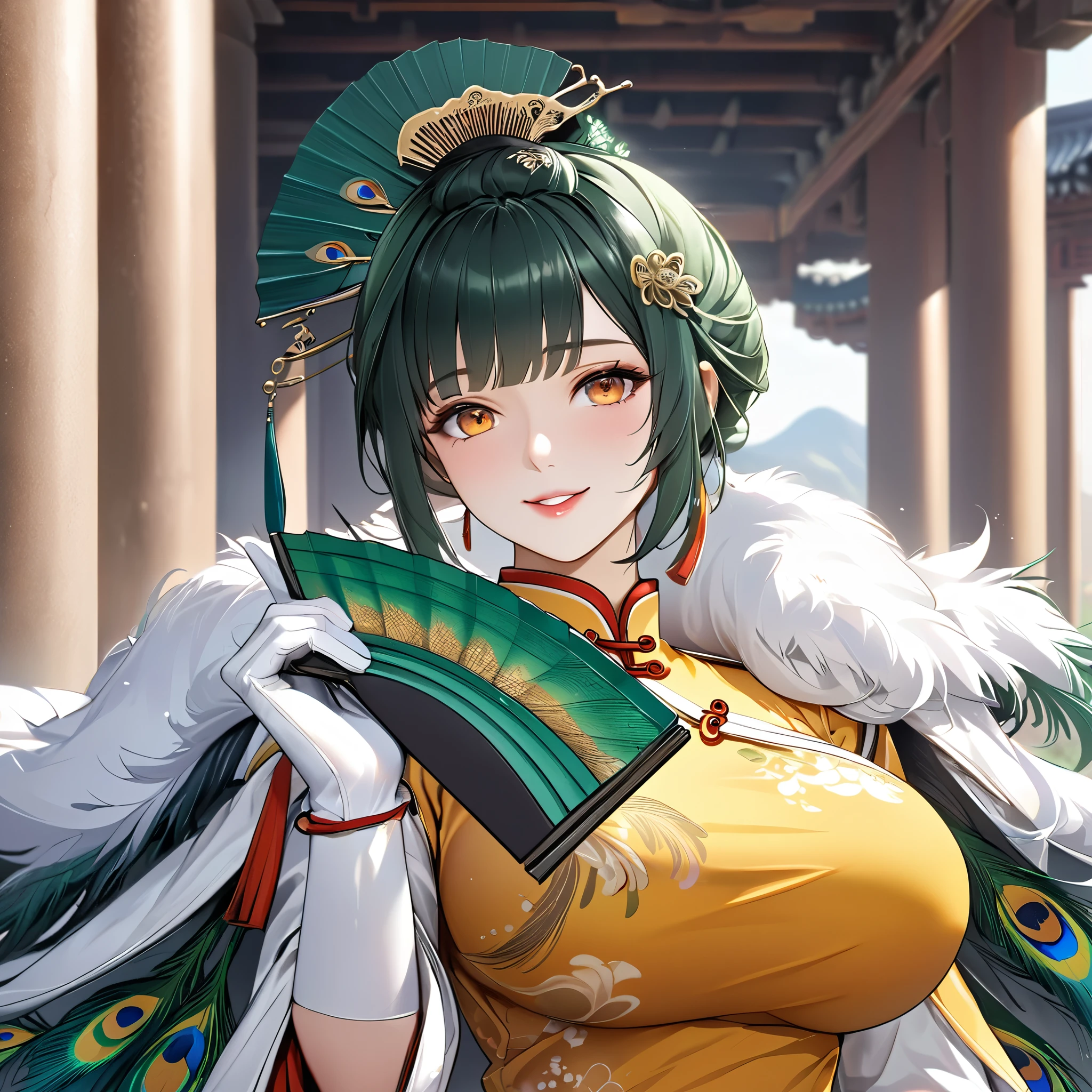 A woman wearing a traditional yellow Chinese uniform, peacock feather on the sleeve of the uniform, wearing a white fur cape, holding a green fan, standing in a large courtyard with traditional Chinese aesthetics, pillars in the distance, mountains in the background, location by day, green hair, tied up hair, orange eyes, smiling, big breast, perfect face, perfect lips, Punishing_Gray_raven, Hanying. UHD, masterpiece, accurate, anatomically correct, textured skin, super detail, high quality, best quality, 8k, high resolution, bokeh effect.(solo woman),white gloves, close view.
