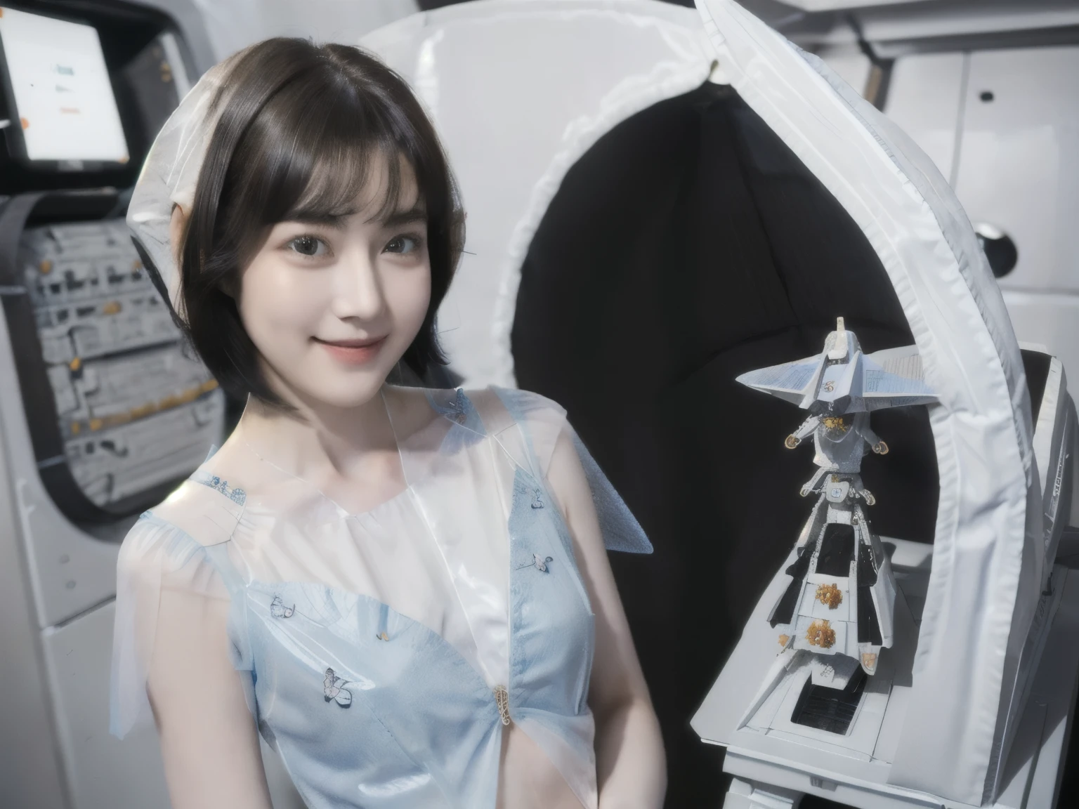 268 (20-year-old princess,Are standing),  ((short hair:1.46)), (chest:1.46), Old-fashioned smile, (flower), (Spaceship:1.46) 