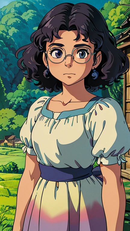 (a girl as Mirabel Madrigal), (extremely detailed CG unit 8k wallpaper),(master part), (best quality), (ultra detail), (best illustration),(ghibli style), cowboy shot,(Sharp eyeliner, ombre, detailed eyes:1), columbian small village, outdoors, GHIBLI_Background,break,upper body, glasses, curly chin-length black hair