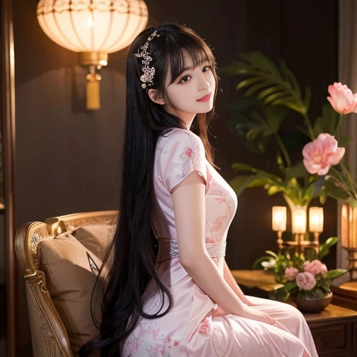 best quality, Delicate face，beautiful visual work, lifelike,  eternity, black hair, Long curly hair, blunt bangs, Smile, Detailed Background,  Delicate face，pink blush，cold，((masterpiece))、(top quality)、8k、high detail、Super detailed，21 years old female，Wearing Chinese cheongsam、Seductive and whimsical style、masterpiece、born、Scenes resembling fairy tale illustrations、Intricate details and complex designs、Beautifully、magic、capricious、 Beautifully、Dream aesthetics、「𝓡𝓸𝓶𝓪𝓷𝓽𝓲𝓬、ethereal、charming、fickle、magic」、Realism、Visual effects、FXAA、SSAO、Shaders、voiceless、ambient lighting、Tone mapping、High resolution、Ultra high quality、Million pixels、(8K resolution:1.10)、8k、Below 8K、8K resolution、high detail、intricate details， (high quality:1.2、masterpiece:1.2、:1.21)、(21 years old female:1.21)、(Smile excitedly)、(Surrounded by the dreamy atmosphere、Model diagram，full-body shot，Normal 2 feet，Don't show your fingers