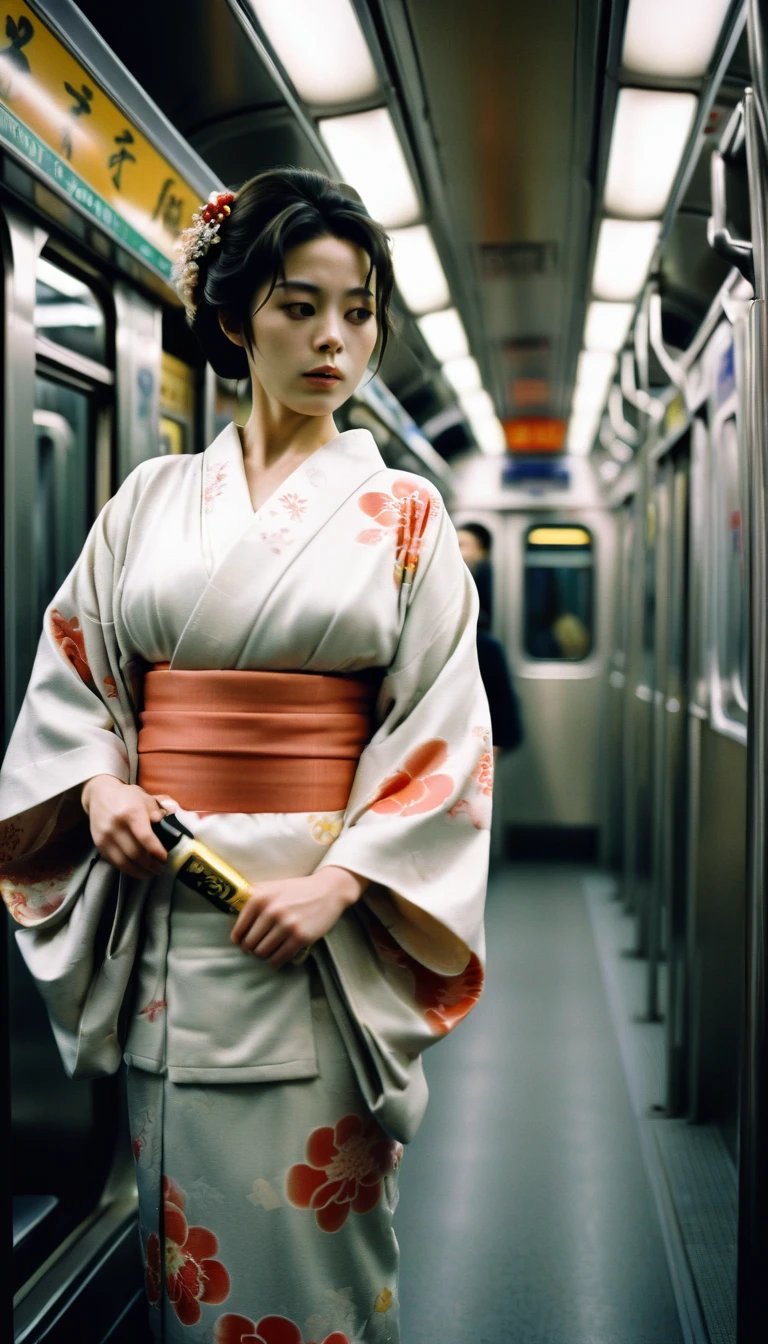 cinematic film still of Kodak Motion Picture Film: (Sharp Detailed Image) An Oscar winning movie for Best Cinematography a woman in a kimono standing on a subway train in Japan Kodak Motion Picture Film Style, shallow depth of field, vignette, highly detailed, high budget, bokeh, cinemascope, moody, epic, gorgeous, film grain, grainy