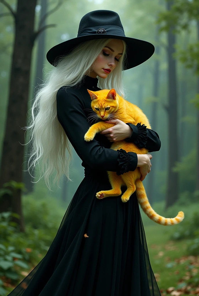 Woman with long white hair, in black hat, long black dress, in a forest, holding a yellow cat