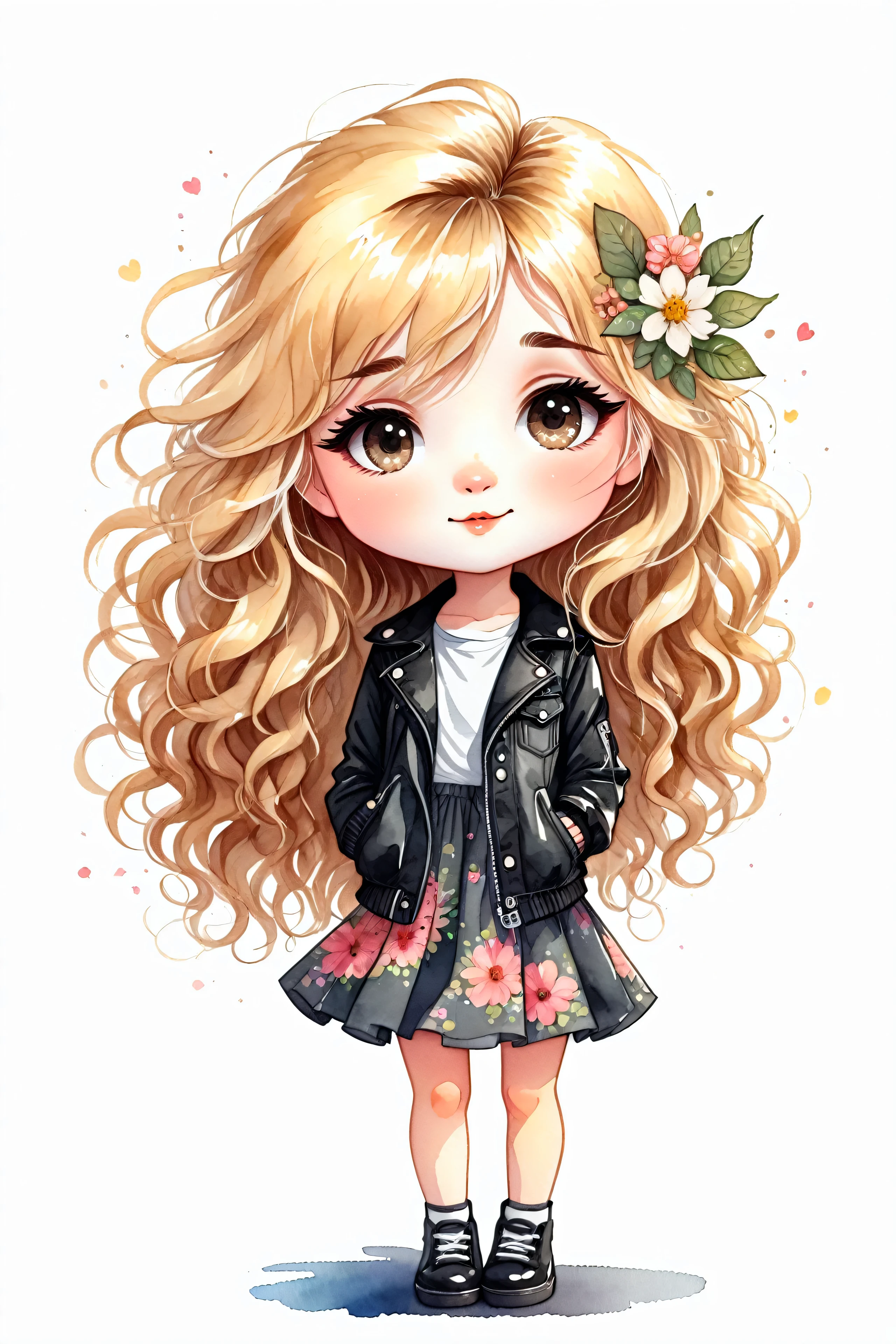 a watercolor illustration, chibi style blonde girl with long curly hair wearing a black jacket and a flower in her hair, cute digital art, Detailed and cute digital art, cute art style, Beautiful girl, caricature, in digital illustration style, chibi style, chibi girl, cartoon style illustration, by Maria Anjo, cute art, cartoon art style, in cartoon style, chibi art, cute portrait