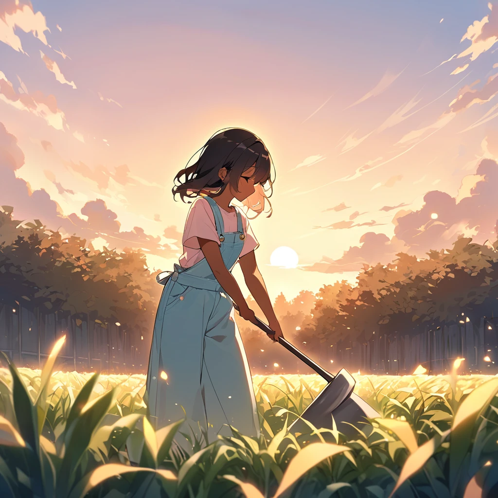 A small, tan-skinned girl with dark hair is working in a field at sunrise. She is wearing simple, pastel-colored clothing, including a light pink shirt and pale blue overalls. The morning sun casts a gentle, golden glow over the scene, with soft pastel colors blending in the sky. The girl is using a hoe to tend to the plants, with rows of crops stretching out behind her. The atmosphere is peaceful and serene, with a sense of early morning freshness.