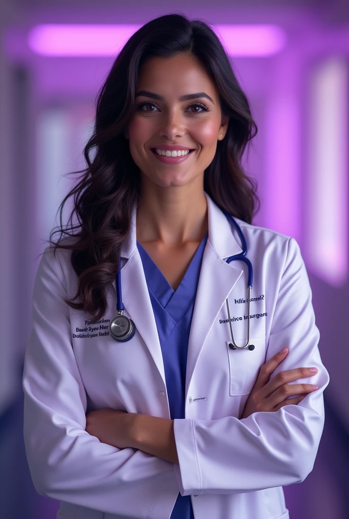 Create an advertisement for Dr.. Diana Paz Hernandez.
Use the color purple in different shades and a clinical environment in the background. Add the name of the doctor.. Diana Paz Hernandez y la palabra: "Neurosurgeon" as title