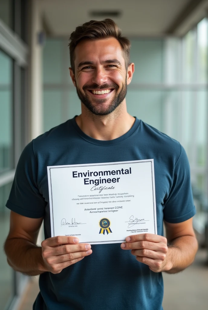 create an image of a smiling man holding an environmental engineer certificate