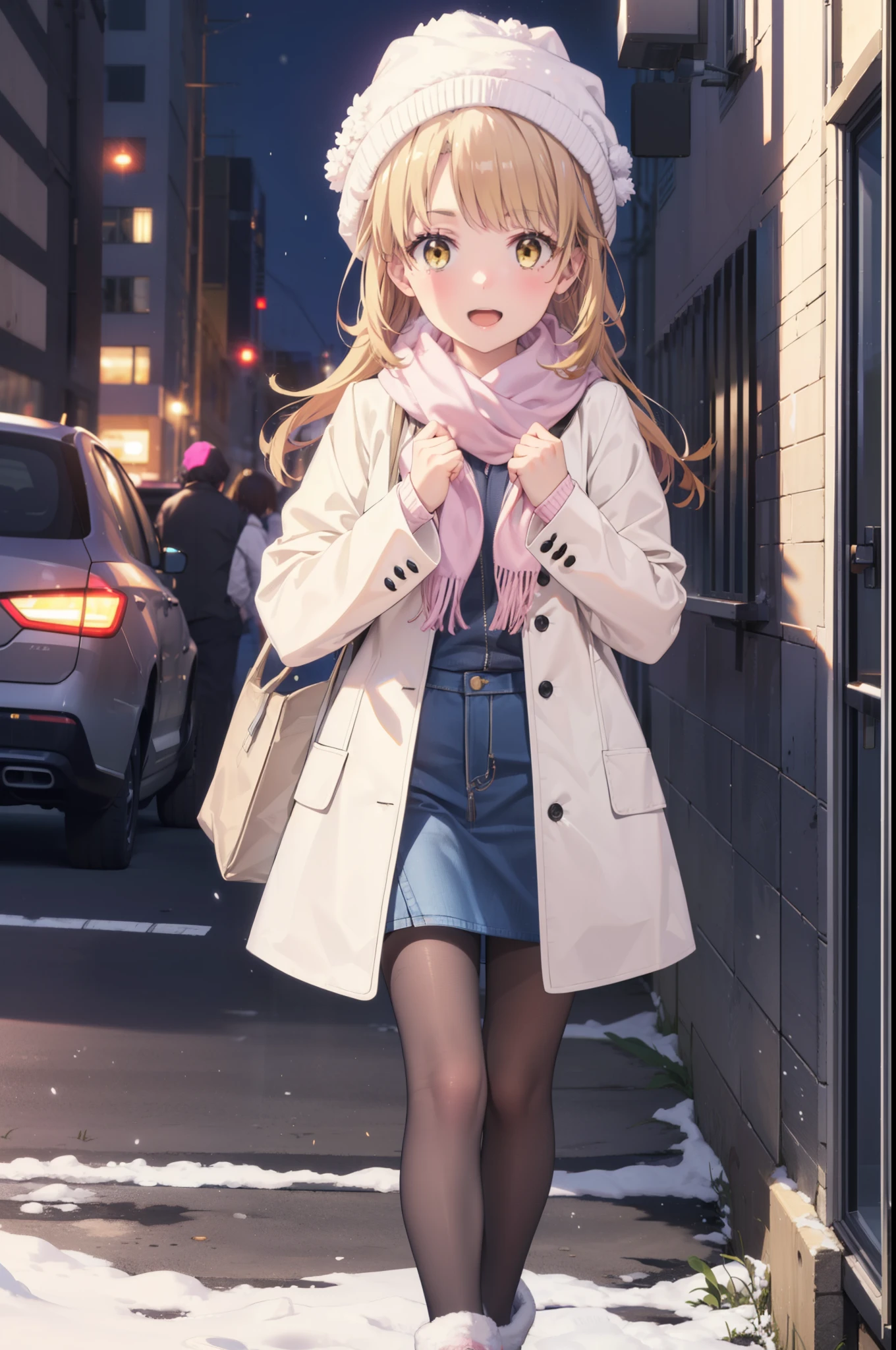 Irohaisshiki, isshiki iroha, Long Hair, Brown Hair, (Brown eyes:1.5), smile,Open your mouth,White Breath,low twin tail,Knitted hat,White scarf,Yellow long coat Open front,Pink v-neck sweater,Short denim,Black pantyhose,short boots,Walking,snowが降っている,snowが積もっている,moon,night,snow,snow,snow,snow,whole bodyがイラストに入るように, break outdoors, Building district,
break looking at viewer,whole body,
break (masterpiece:1.2), Highest quality, High resolution, unity 8k wallpaper, (figure:0.8), (Beautiful attention to detail:1.6), Highly detailed face, Perfect lighting, Highly detailed CG, (Perfect hands, Perfect Anatomy),