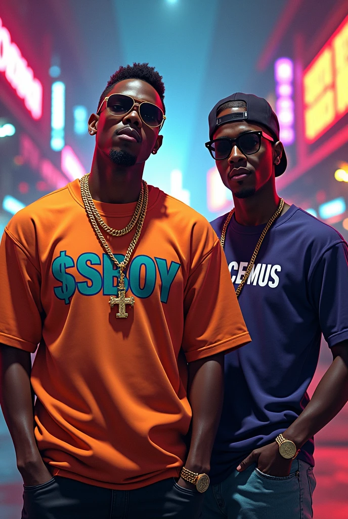 Soulja boy Wearing a shirt that says $SBOY with someone wearing a shirt that says vincemus