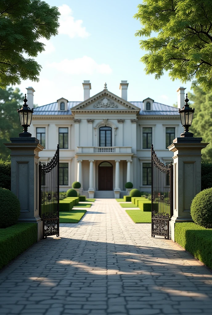 Generate an image of a house facade with two entrance gates