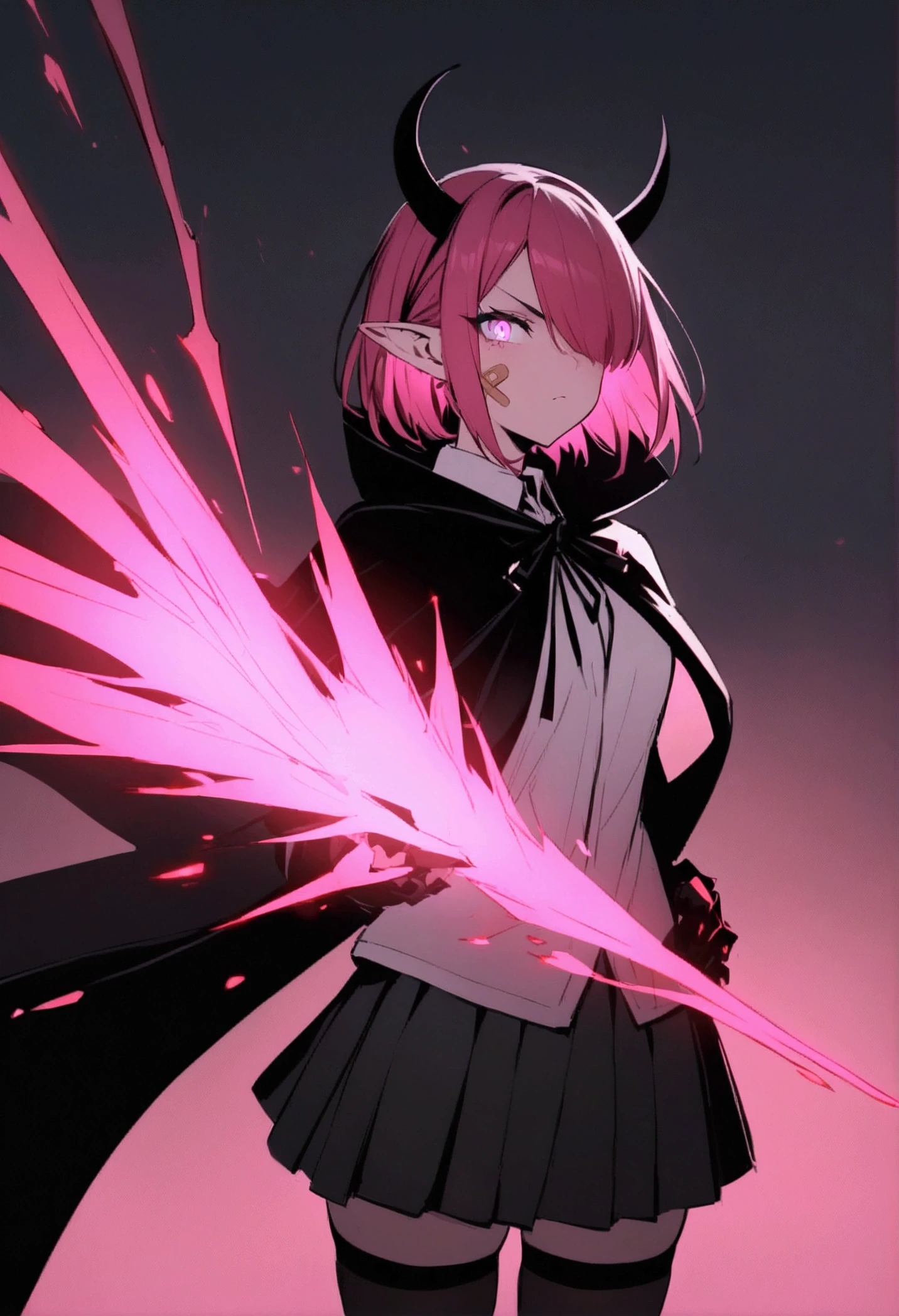 masterpiece, detailed, Best Quality, Girl , fuchsia hair , a band aid on the face , 18 years, young, high,  , dragon wings , black school skirt , thigh high stockings , demonic horns, short hair , hair covers one eye , serious expression, pointy ears, elegant , standing, good body , Whole body ,  magnet colored eyes , strong , powerful magic , Grips , White shirt , Long black cape , alone , glow , stop