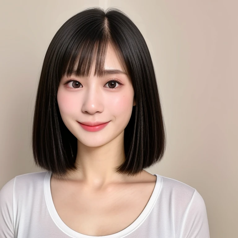 (kawaii 24 year-old Japanese girl, Nogizaka idol, Korean idol), healthy female athlete body, (glossy black hair, short hair, pixie cut, bangs:1.3), (rounded face, pure black eyes, single eyelid, no makeup, splashing best smile:1.2), (breasts emphasized cropped white t-shirt:1.3), extra small breasts, BREAK, (plain white background:1.3), (dynamic angle, bust shot:1.2), BREAK, (masterpiece, best quality, photo realistic, official art:1.4), (UHD, 8K quality wallpaper, high resolution, raw photo, golden ratio:1.3), (shiny skin), professional lighting, physically based rendering, award winning, (highly detailed skin, extremely detailed face and eyes), Carl Zeiss 85 mm F/1.4, depth of field, 1girl, solo,