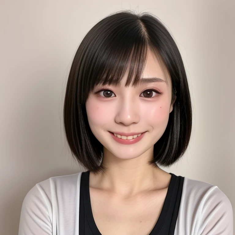 (kawaii 24 year-old Japanese girl, Nogizaka idol, Korean idol), healthy female athlete body, (glossy black hair, short hair, pixie cut, bangs:1.3), (rounded face, pure black eyes, single eyelid, no makeup, splashing best smile:1.2), (cropped white t-shirt:1.3), extra small breasts, BREAK, (plain white background:1.3), (dynamic angle, bust shot:1.2), BREAK, (masterpiece, best quality, photo realistic, official art:1.4), (UHD, 8K quality wallpaper, high resolution, raw photo, golden ratio:1.3), (shiny skin), professional lighting, physically based rendering, award winning, (highly detailed skin, extremely detailed face and eyes), Carl Zeiss 85 mm F/1.4, depth of field, 1girl, solo,