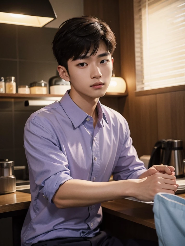 1 Handsome chinese slim guy, 20 years old, Hair combed smoothly, Handsome man portrait, Shoot with Leica, shadow play, Gorgeous lighting, Subtle pastel tones, indoor，Wearing a purple shirt，Holding coffee，Looking at the audience，deep feeling