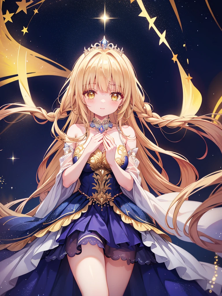 Mahiru shiina, , blonde, (Yellow Eyes:1.3)、Braided long hair,,blush,smile,Beautiful views, Attractive thighs、Beautiful bare legs, //Character
1girl,
BREAK
//Fashions
Celestial Goddess,
Inspired by the beauty and majesty of the cosmos, this costume exudes ethereal elegance and celestial charm, The ensemble features a flowing gown in shimmering shades of midnight blue, purple, or silver, reminiscent of the starry night sky, The gown is adorned with glittering sequins, beads, and celestial motifs, evoking the splendor of distant galaxies and constellations,
BREAK
Pair the gown with delicate celestial accessories such as a sparkling tiara or a crescent moon necklace, adding a touch of celestial magic to the ensemble, Complete the look with flowing hair styled in loose waves or intricate braids, reminiscent of a celestial goddess descending from the heavens, This costume is perfect for fantasy-themed events, cosmic masquerades, or anyone who wants to shine like a star,
BREAK、I can see your Pantastar piece.:1.2), highest quality, High resolution, unity 8k wallpaper, (shape:0.8), (Beautiful and beautiful eyes:1.6), Highly detailed face, Perfect lighting, Highly detailed CG, (Perfect hands, Perfect Anatomy),