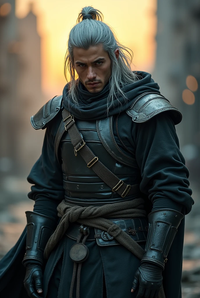 Hyper-realistic photograph of 20 year old Cyber Samurai style of a male warrior with rugged silver hair and cybernetic implants | merging futuristic armor/leather outfit with cyberpunk armor elements | flowing robes and high-tech armor plating | in a dystopian nightmare background | in a muted color palette | raw photography | golden hour lighting, intricate details