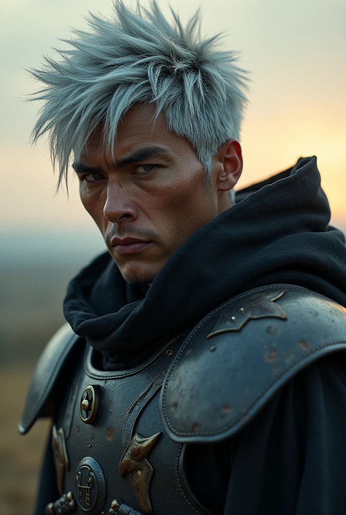  Hyper-realistic photograph of 20 year old Cyber Samurai style of a male warrior with rugged silver hair and cybernetic implants | merging futuristic armor/leather outfit  with  cyberpunk armor elements | flowing robes and high-tech armor plating | in a dystopian nightmare background | in a muted color palette | raw photography | golden hour lighting, intricate details