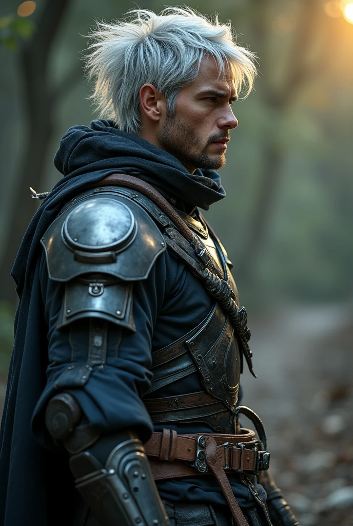  Hyper-realistic photograph of 20 year old Cyber Samurai style of a male warrior with rugged silver hair and cybernetic implants | merging futuristic armor/leather outfit  with  cyberpunk armor elements | flowing robes and high-tech armor plating | in a dystopian nightmare background | in a muted color palette | raw photography | golden hour lighting, intricate details