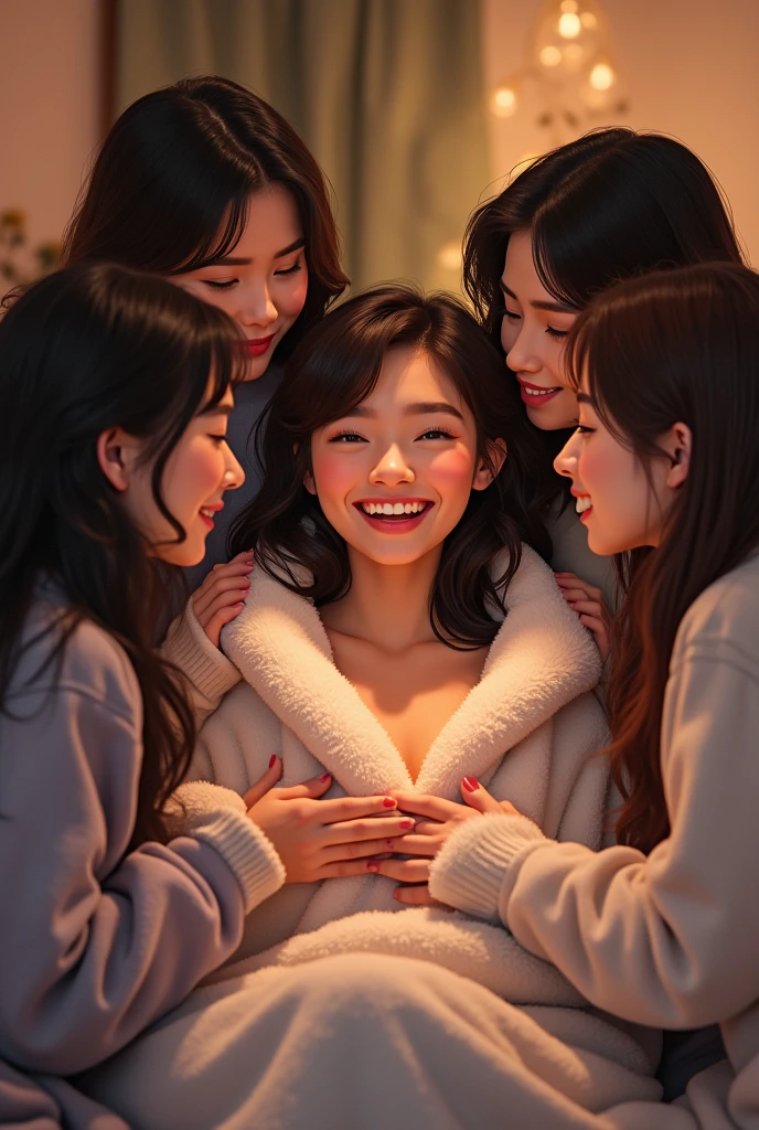 A beautiful woman wrapped up like a burrito inside of a plush flannel sleeping bag. She is being tickled by her four female friends