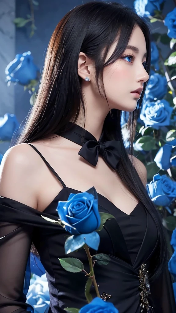 masterpiece、20 year old girl、Black Hair、Long Hair、Blue eyes、Black suit、(((many Blue Rose)))、Rose Background、Upper Body、profile