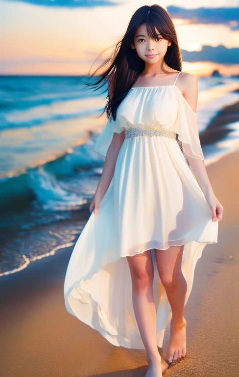 High resolution、masterpiece、Well-formed face、One Woman、The background is the beach、Full body photography、sunset、White dress