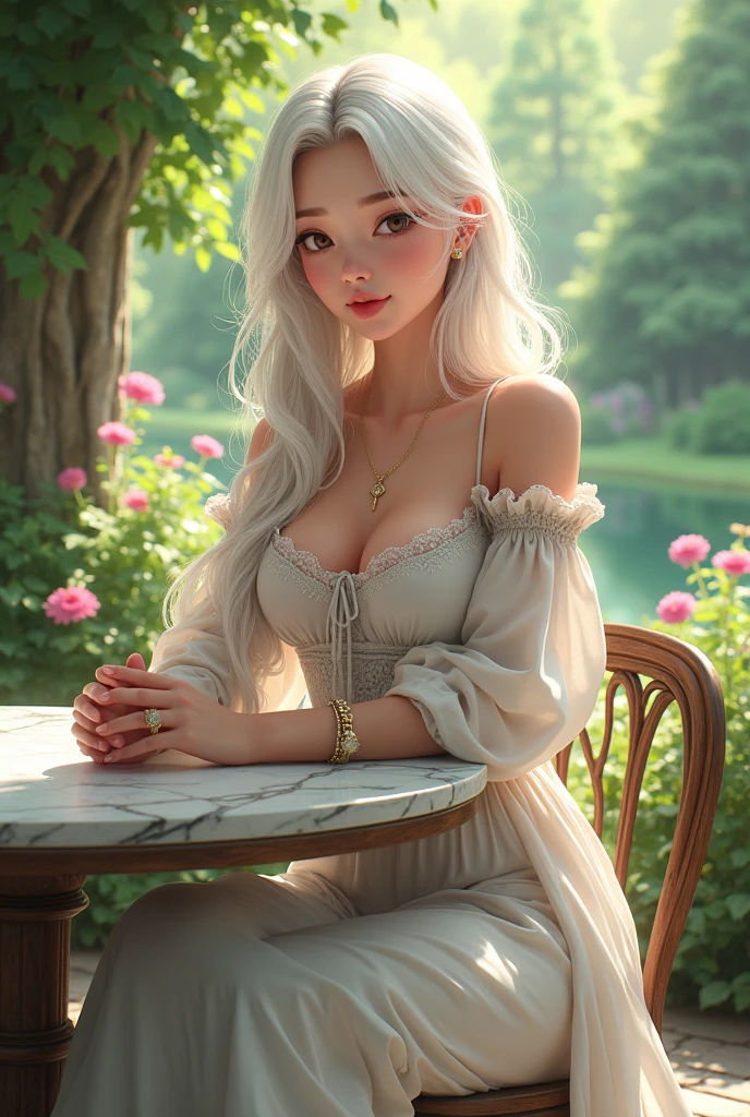 Young woman,​Twenty-five years old, Beautiful face, Long white hair, Wearing Central European clothing, Long skirt, Big chest, Thin waist, Big butt, Sitting at a marble table in the garden, Anime style 2.5D
