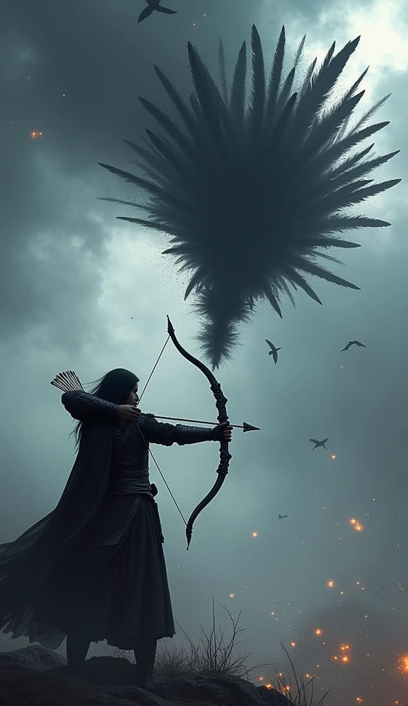 "An archer with raven-black hair and dark armor, holding a sleek, black bow. The archer pulls back the bowstring, which crackles with dark energy, and releases an arrow that splits into countless black feathers. These feathers soar through the air, each one leaving a trail of shadow, and explode upon impact with the target. The final, massive black feather descends from above, casting a shadow over the battlefield, ready to unleash a devastating explosion. The background is a stormy sky with dark clouds swirling ominously."