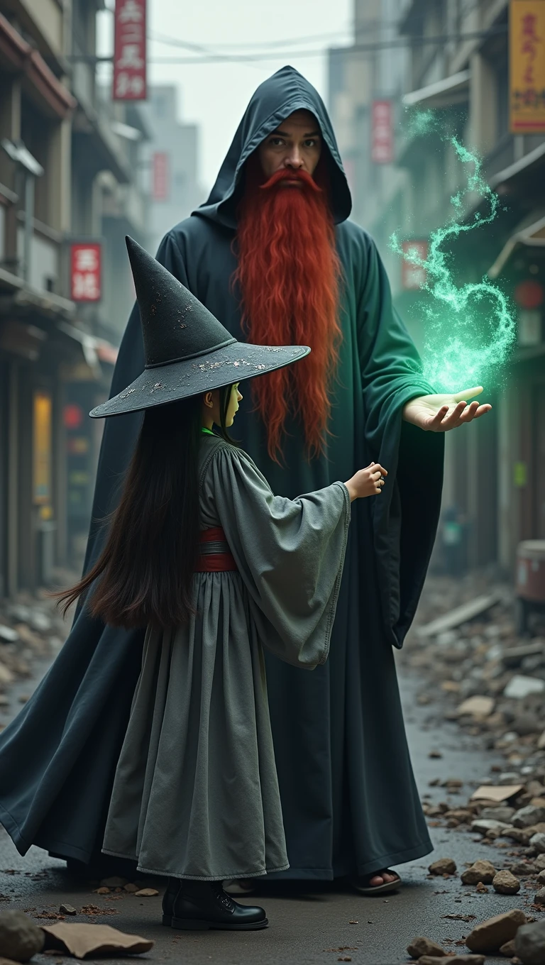 A red-haired wizard and a Japanese witch, a of about 12 ye wears a gray and black witch's robe mixed with a kimono and a black pointed witch's hat. , they are in a post apocalyptic city.