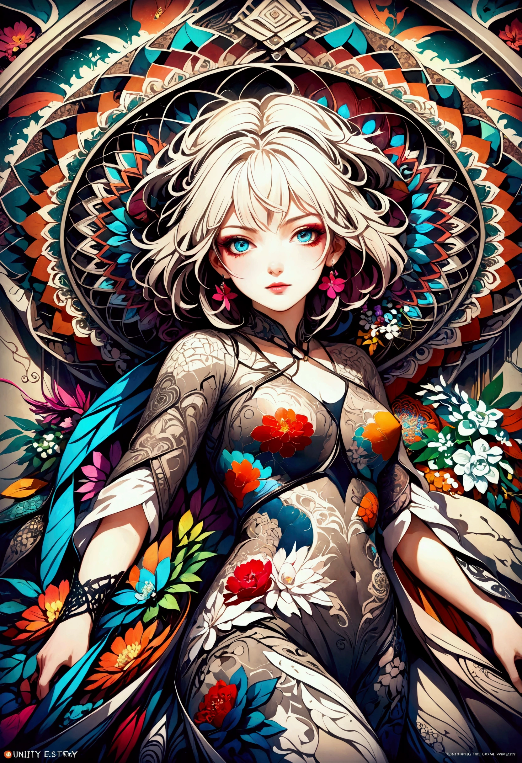 Realistic,High resolution, Highest quality,Official Art, colorful, Very detailed, Official Art, unity 8k wallpaper, Very detailed, beautiful and aesthetic, beautiful, masterpiece, Highest quality, (zenTangle, Mandala, Tangle, enTangle), (Flower Ecstasy:1.2) Dynamic Angle, Cowboy Shot, the most beautiful form of chaos, elegant, Brutalist Design, Vibrant colors, Romanticism, Atmospheric Information,From the side,mystery,sword