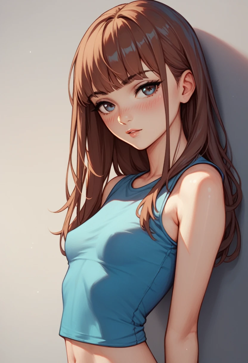 NSFW,glamorous, Long brown hair, fringe, quite small breasts, skinny, thin and small build, skin very white, blush, looking at the viewer, blue fitted sleeveless t-shirt.