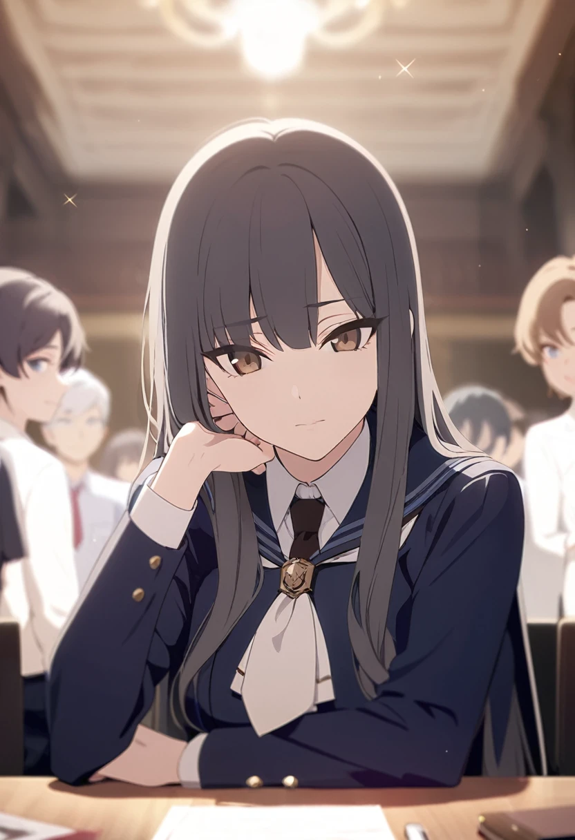 masterpiece,best quality,depth of field,8k,looking down at the viewer,man,dark gray hair,brown eyes,(charismatic eyes 1:1),chic,Blue Eyes,wseifuku,wearing a prosecutor&#39;s uniform,A courthouse in the background holding gray scales and a sword,alone
