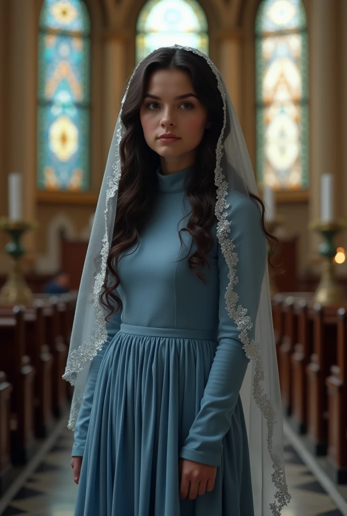 17 year old fat girl, white skin and brown eyes with almost long curly dark colored hair standing in a catholic church , with a light blue dress Modest and long and without necklines , and a beautiful sequin veil the size of her hair