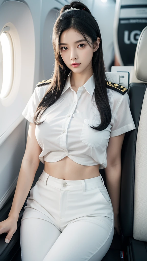 4k, high quality, beautiful light, soft light, realistic, natural short black hair, red eyes, sexy, big breasts, thick thighs, wide hips, girl in uniform white shirt black cloth pants , toned muscles, white shirt and black pants office uniform, ornate decorations, jewelry, natural flow, hair accessories, (on the plane)