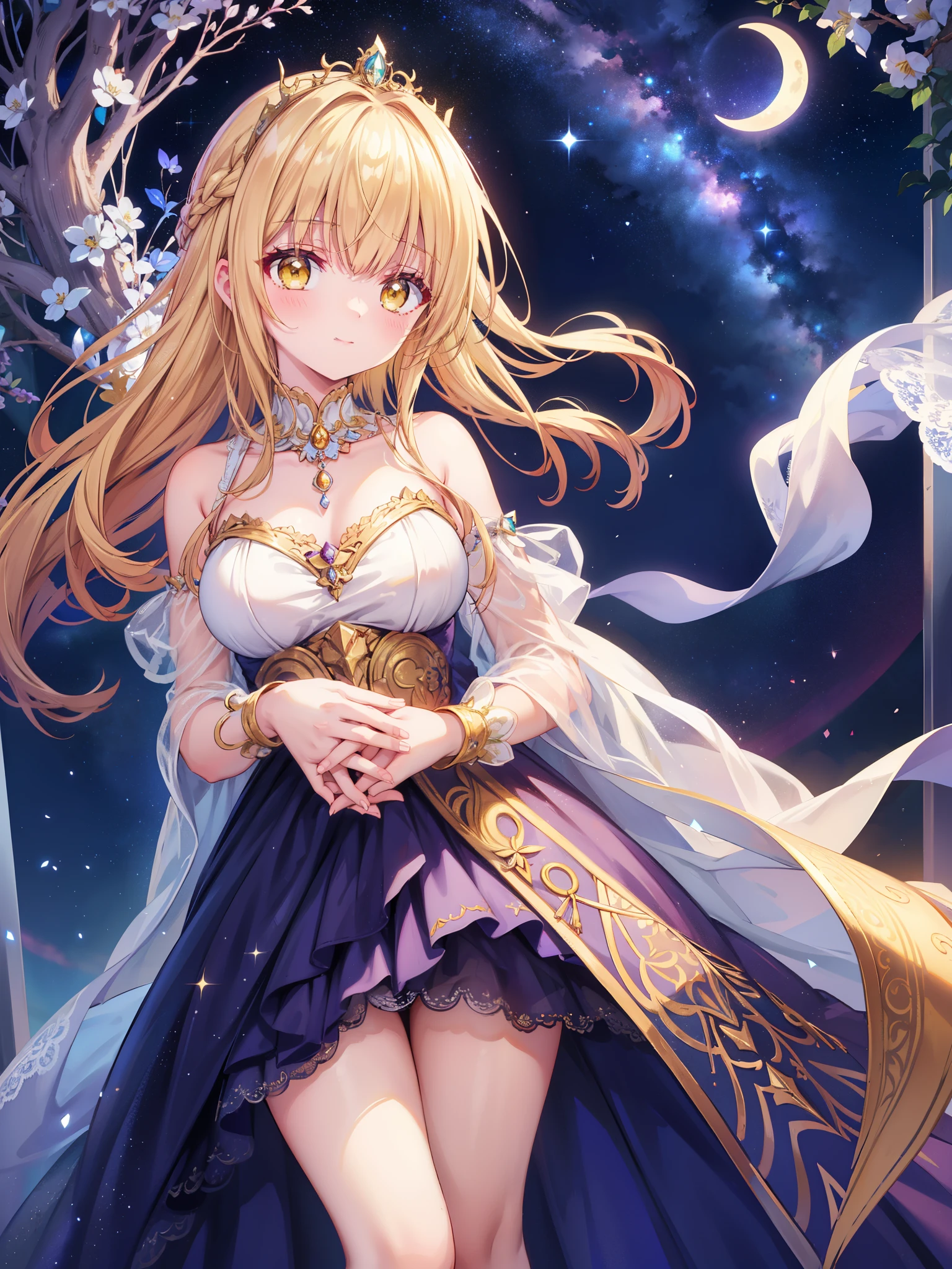 Mahiru shiina, , blonde, (Yellow Eyes:1.3)、Braided long hair,,blush,smile,Beautiful views, Attractive thighs、Beautiful bare legs, //Character
1girl,
BREAK
//Fashions 
Celestial Goddess,
Inspired by the beauty and majesty of the cosmos, this costume exudes ethereal elegance and celestial charm, The ensemble features a flowing gown in shimmering shades of midnight blue, purple, or silver, reminiscent of the starry night sky, The gown is adorned with glittering sequins, beads, and celestial motifs, evoking the splendor of distant galaxies and constellations, 
BREAK
Pair the gown with delicate celestial accessories such as a sparkling tiara or a crescent moon necklace, adding a touch of celestial magic to the ensemble, Complete the look with flowing hair styled in loose waves or intricate braids, reminiscent of a celestial goddess descending from the heavens, This costume is perfect for fantasy-themed events, cosmic masquerades, or anyone who wants to shine like a star,
BREAK、I can see your Pantastar piece.:1.2), highest quality, High resolution, unity 8k wallpaper, (shape:0.8), (Beautiful and beautiful eyes:1.6), Highly detailed face, Perfect lighting, Highly detailed CG, (Perfect hands, Perfect Anatomy),