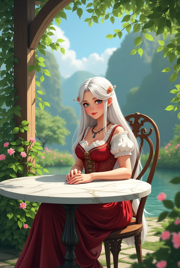 Young woman,​Twenty-five years old, Beautiful face, Long white hair, Wearing Central European clothing, Big chest, Thin waist, Big butt, Sitting at a marble table in the garden, Anime style 2.5D
