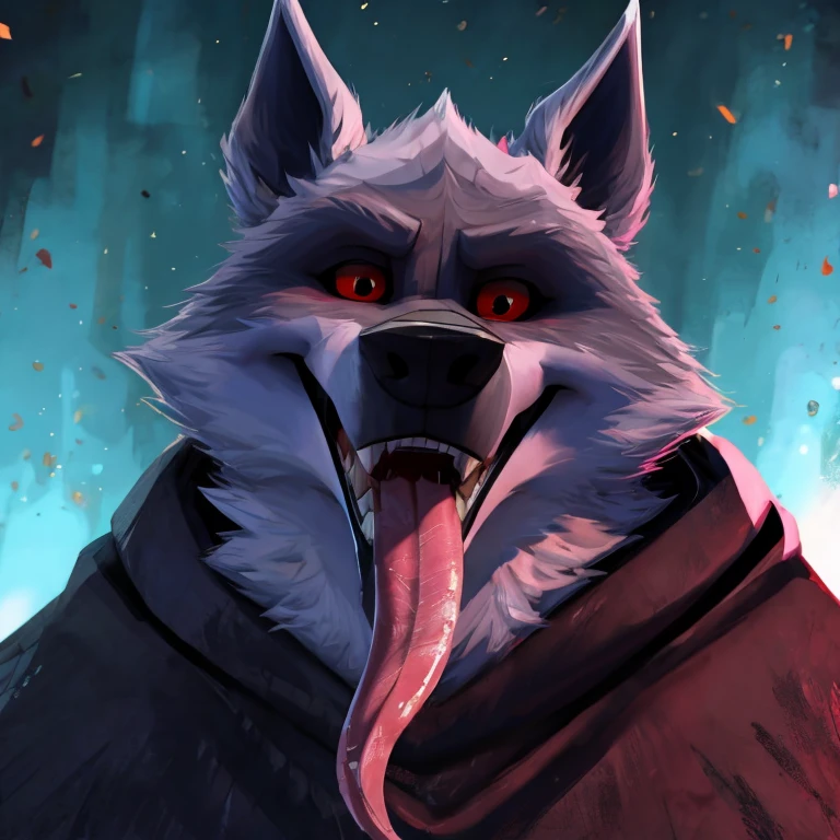 Death (Puss in Boots: The Last Wish), DreamWorks Animation, 2D, Looking at viewer, Open Mouth, Tongue Out to the Side, Long Tongue, Wide-Eyed, Wolf Ears, Anatomically Correct, Seductive Smile, Three-Quarter View, Saliva Trail, Raised Eyebrow, Oral Invitation, Simple background, Character Design, Illustration, High Resolution, Super Detailed, Textured Skin, Eye Level Shot, Single Shot, Medium Close Up