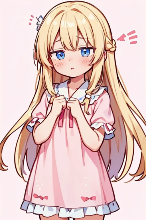 1girl, blue eyes, blonde hair, long hair, pink, white short-sleeved nightgown, hair ornaments, flustered, cute, simple background