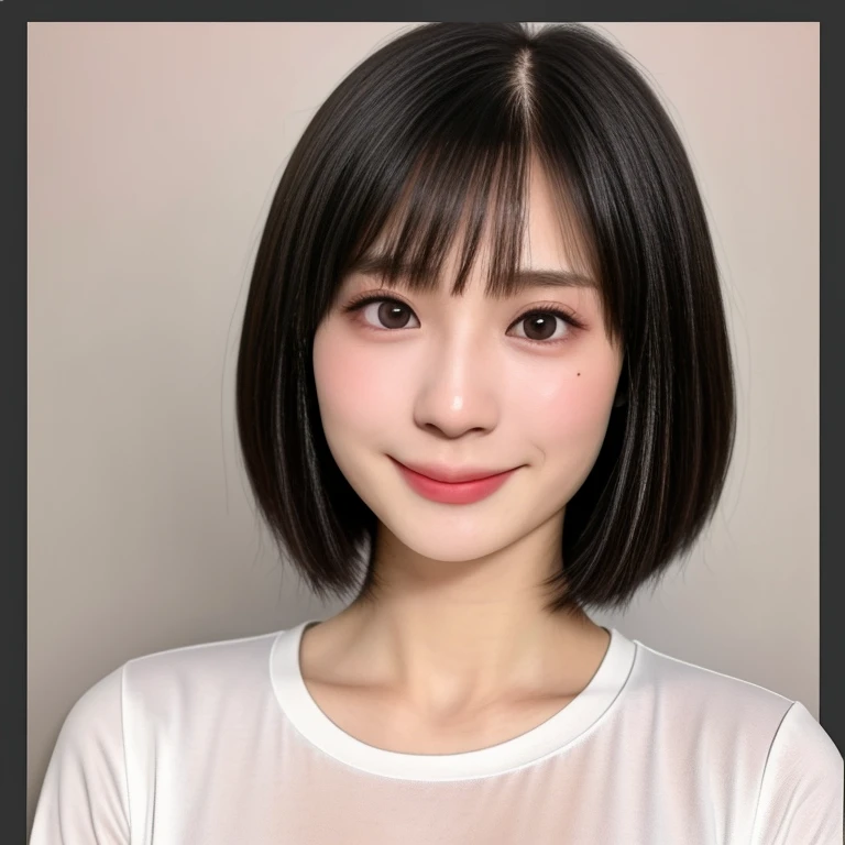 (kawaii 24 year-old Japanese girl, Nogizaka idol, Korean idol), healthy female athlete body, (glossy black hair, short hair, pixie cut, bangs:1.3), (rounded face, pure black eyes, single eyelid, no makeup, splashing best smile:1.2), (cropped white t-shirt:1.3), extra small breasts, BREAK, (plain white background:1.3), (dynamic angle, bust shot, breasts focus:1.2), BREAK, (masterpiece, best quality, photo realistic, official art:1.4), (UHD, 8K quality wallpaper, high resolution, raw photo, golden ratio:1.3), (shiny skin), professional lighting, physically based rendering, award winning, (highly detailed skin, extremely detailed face and eyes), Carl Zeiss 85 mm F/1.4, depth of field, 1girl, solo,
