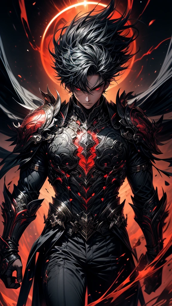 Masterpiece, best quality, high resolution, highly detailed, 1 young boy ( teenager 18 years old), young handsome face,  black hair ( light in the hair), red eyes ( glowing eyes ), cold expression ( cold look ), wearing black clothes and black pants, , surrounded by the splendors of the universe, pay attention to stunning details, and achieve a resolution of k, floating in a dynamic pose, high quality, with a majestic red aura of authority. Red aura emanating from the character, cold look, devoid of any emotion, dark background, black and read armour, six pack on armour, red glowing rupy on chest, detailed eyes, detailed face, looking straight, looking directly 
