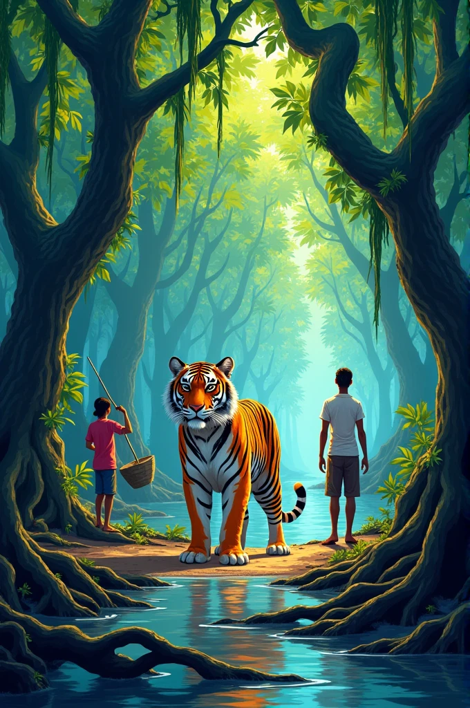 Create an illustration of a mangrove forest with a Bengal tiger and local people living their lives. Include a clear, bold slogan at the top: "Protect Sundarbans, Save Lives." The scene should show the lush greenery of the mangroves and the tiger in its natural habitat, while people engage in traditional activities like fishing or farming.