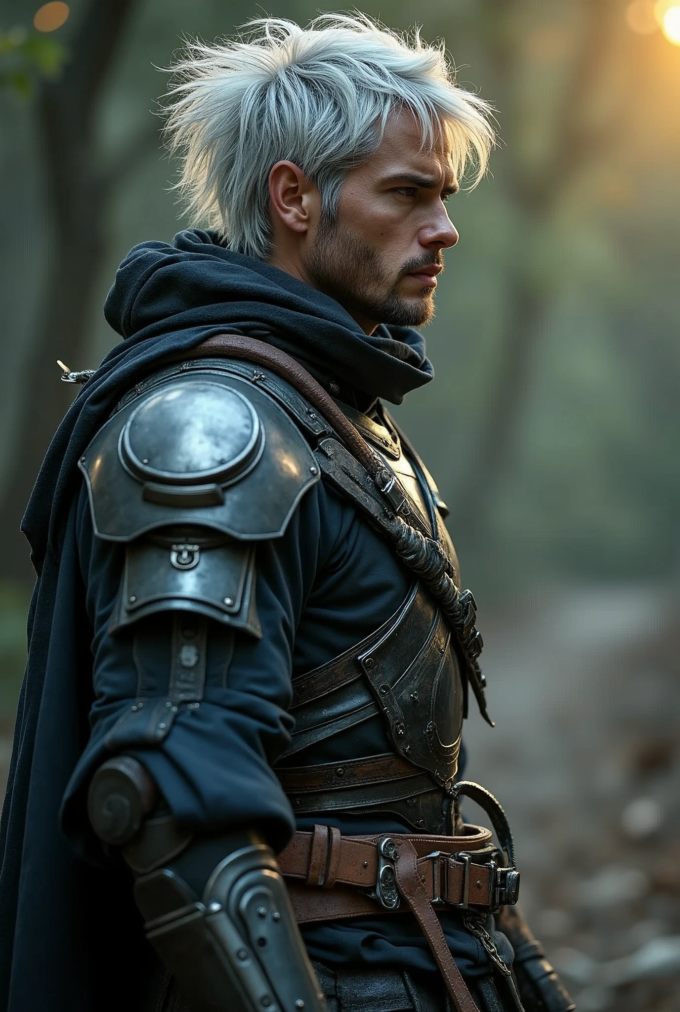  Hyper-realistic photograph of 20 year old Cyber Samurai style of a male warrior with rugged silver hair and cybernetic implants | merging futuristic armor/leather outfit  with  cyberpunk armor elements | flowing robes and high-tech armor plating | in a dystopian nightmare background | in a muted color palette | raw photography | golden hour lighting, intricate details