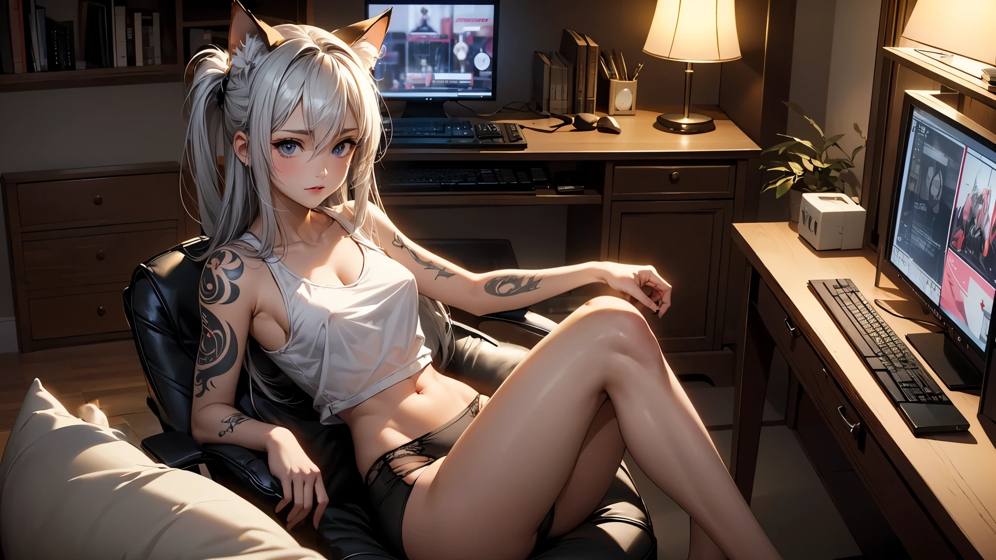 Create a high-quality, detailed image of a beautiful, anime gamer girl with tattoos and long silver hair, and small cat ears, sitting at her gaming PC in her gaming room. She is wearing a see through tank top, barely showing her nipples, and her legs are open showing her panties, showing her midriff, highlighting her stunning curves. The warm, inviting scene includes soft ambient lighting, comfortable seating, The setting is illuminated by a small lamp, creating a serene and intimate atmosphere