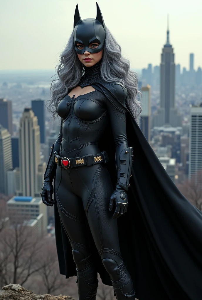 A beautiful youthful looking Hispanic version of a gray haired Selena Gomez as a 50 years old woman with long her completely gray hair in a big curls styles as the superhero batwoman wearing a batwoman costume with a hood standing on top of a hill overlooking a big city