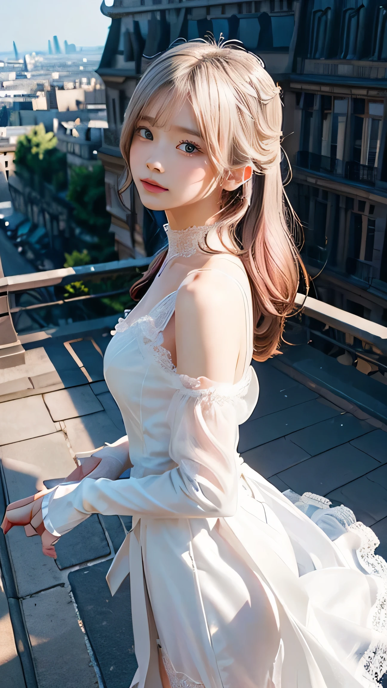 , source_anime, (masterpiece), (highest quality), (super detailed), (very aesthetic: 1.2), exquisite details, perfect composition, absurd, romantic atmosphere,
one girl, solo, very cute, slender, body, long hair, pink gradient hair, large breasts, (seductive smile: 0.7),
lace choker, (((see-through))), white night dress, long dress, deep neckline, white knee socks,
twilight, view of Paris, balcony, wind, wind force, looking at viewer, from the side, dynamic angle, a2_\\(nier:automata\\), 43stl1ght1ng, expressiveh, d3t41l3d, zPDXLrl,