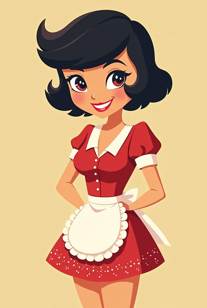 Create a retro vintage waitress woman with black hair and bangs, in red and white colors, cartoon style drawing 